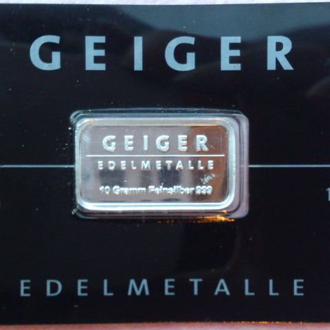 Geiger, 10 gram, 999 sølvbarre.