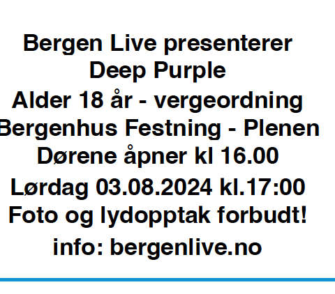 2 stk billetter til Deep Purple og Europe i Bergen 3. august