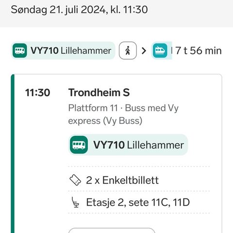 Togbilletter Trondheim-Oslo 21. juli