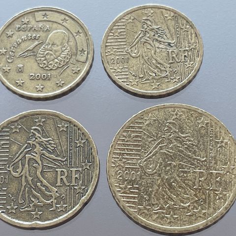 10 20 50 Euro Cent 2001 Spania Frankrike mynter