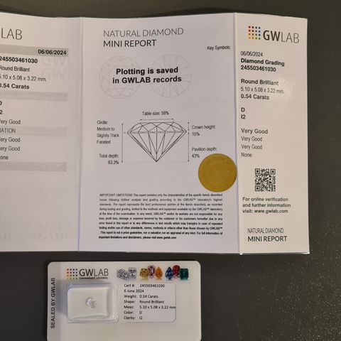 GWLab Naturlig Diamant 0,54 karat D I2