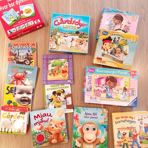 Flere bøker, spill og puslespill til barn