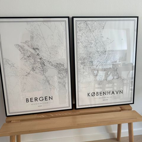 Stilrene København / Bergen Kart Bilder med Sort Ramme