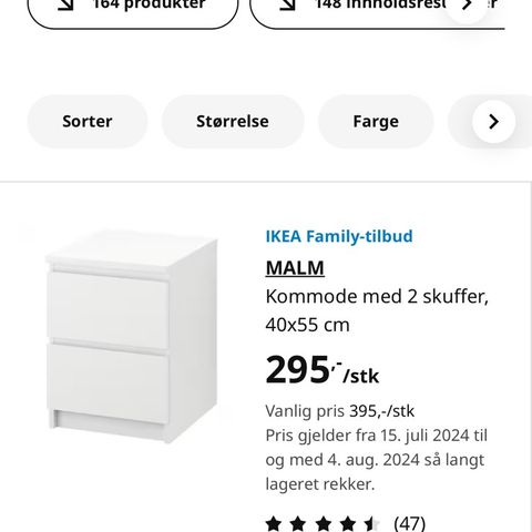 Malm hvitt nattbord / kommode med 2 skuffer