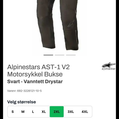 Alpinestars AST-1 V2 Mc bukse str XXL/ 2XL