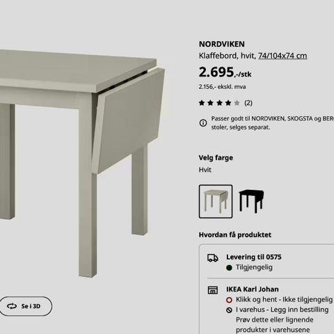 IKEA hvitt kjøkkenbord med klaff