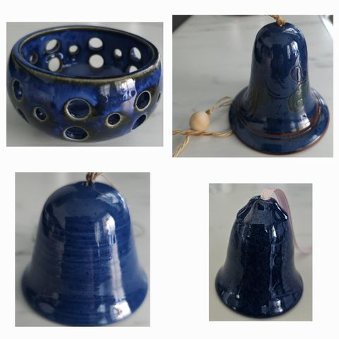 Skål og bjeller i keramikk i nydelige blåfarger