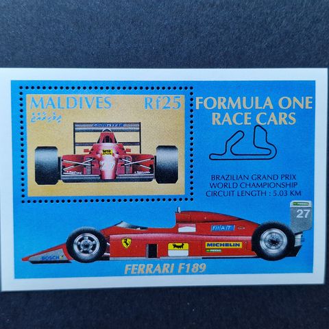 Maldivene 1991 - Formel 1 racer biler Ferrari - 1 frimerke lblokk