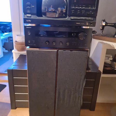 CD skifter med plass til 101 CDer, receiver og høytaler.