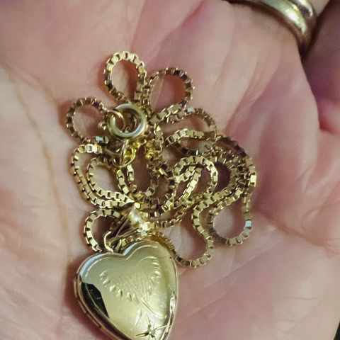 Veneziansk kjede og medaljong med liten diamant i gult gull 585