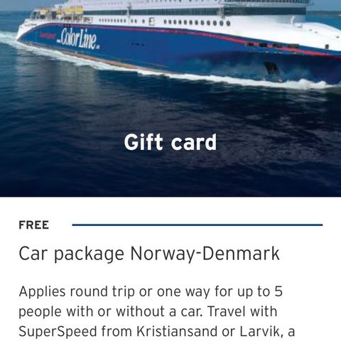 Båtreise/ bilpakke t/r Danmark for inntil 5 personer inkl. bil