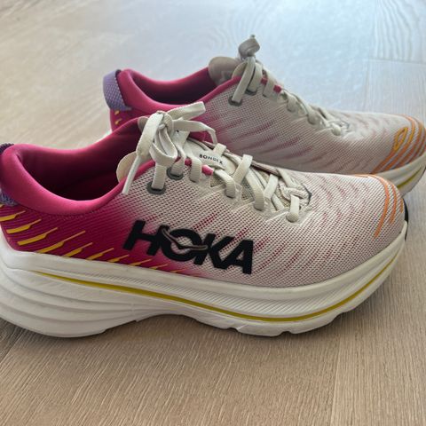 Hoka Bondi X dame - str 38 2/3 - hvit m/ rosa og gule detaljer