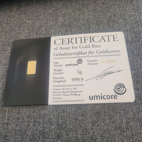 1 gram gullbarre UMICORE, med certificat.