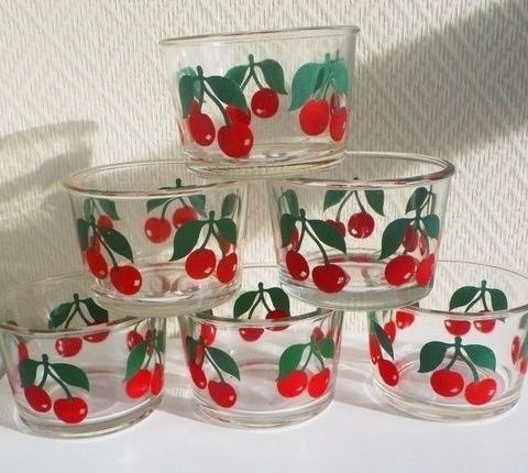 6 vintage glass med kirsebærdekor