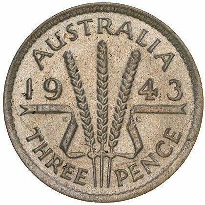 3 Pence Australia 1943. Krigsmynt i sølv. Meget pen og tydelig.