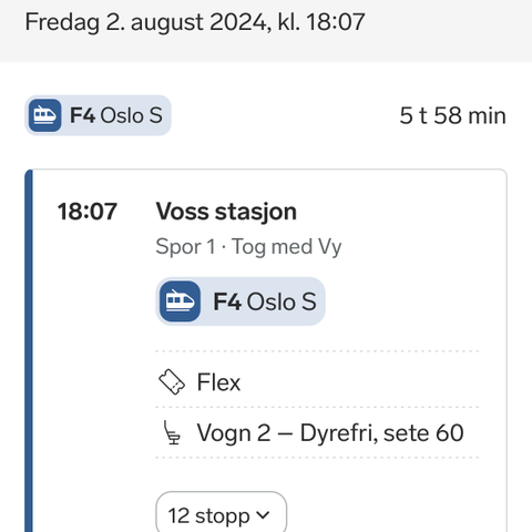 Togbillett flex Voss-Oslo 2.august