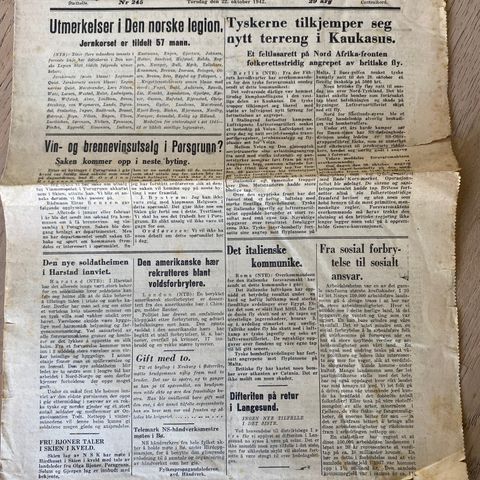 Porsgrunns Dagblad 22.10.1942: 57 navngitte norske tildelt jernkorset i Legionen