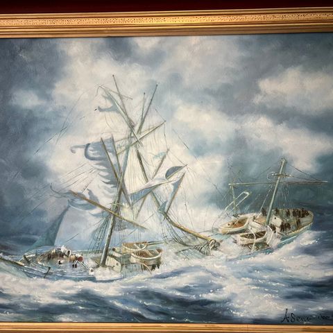 Maritim kunst «Ship on a Stormy Sea» med ramme