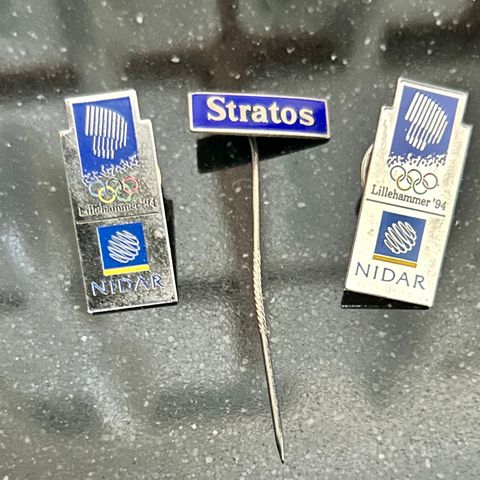 Gammel Stratos nålemerke og to Noar OL 1994 pins