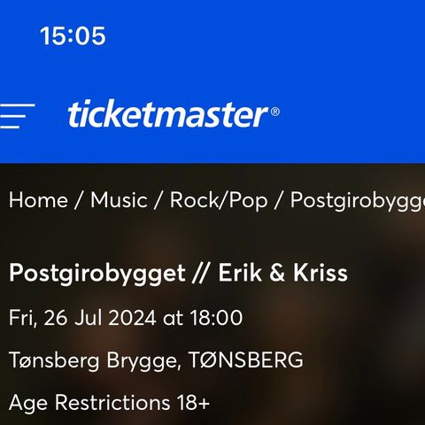 2 stk Billetter til Postgirobygget x Erik & Kriss i Tønsberg 26. juli