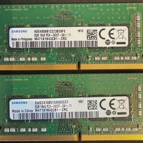 2 stk. Samsung 8GB 1Rx8 PC4-2400T-SA1-11