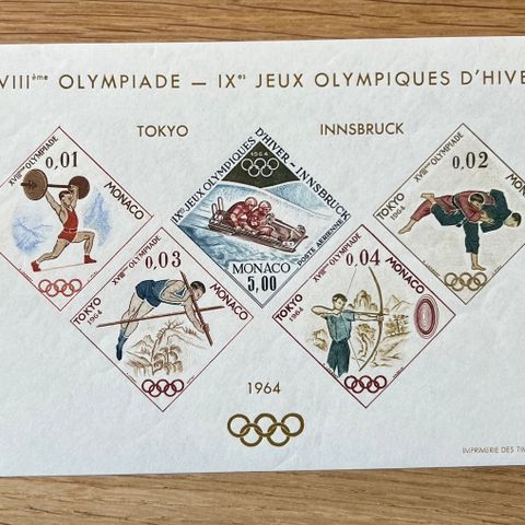 Monaco 1964 souvenirark olympiade Innsbruck og Tokyo uperforert postfrisk