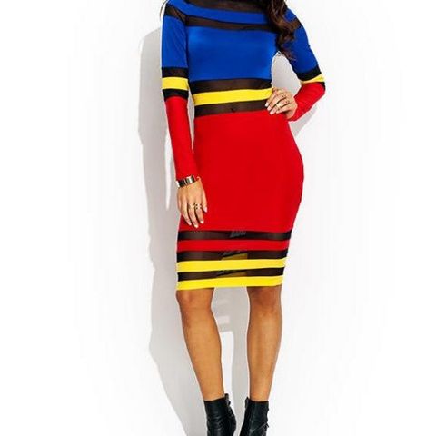 Strål på Hver Fest med Red Striped Colorblock Mesh Bodycon Dress i Str. S