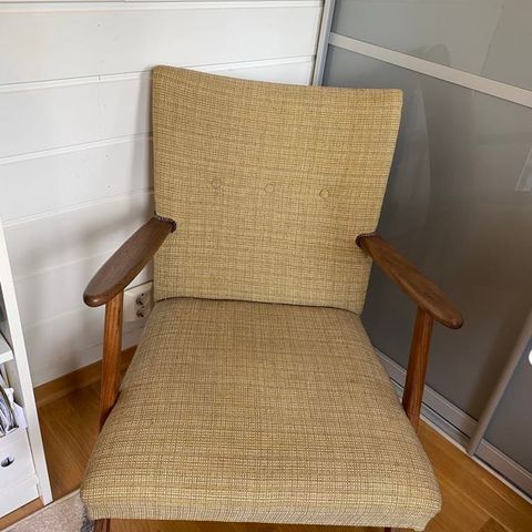 Retro loungestol/lenestol brun og beige (strågul i visse lys)