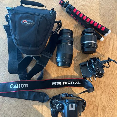 Kamerapakke - Canon 450D kamerahus (m/lader), 2 linser, tripod og veske