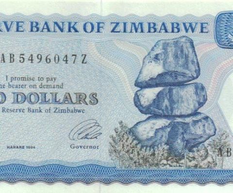 En strøken 2 Dollar seddel fra Zimbabwe i UNC - 1003