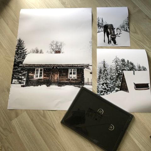 Collage: 3 stk. plakat /poster tømmerkoier og reinsdyr i vinterskog / marka