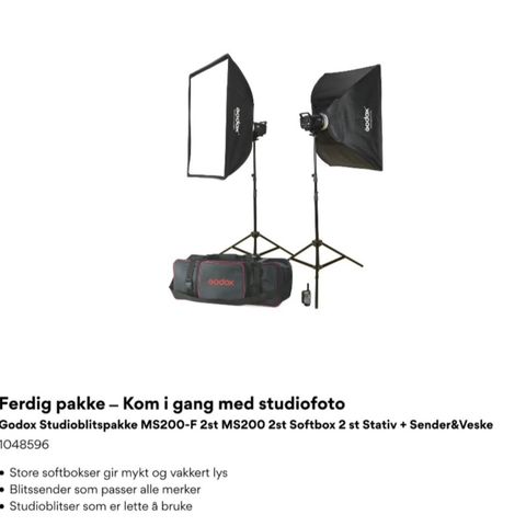 Fotoutstyr selges: Godox studioblitspakke, bakgrunnssett, Chromakey og bakgrunn