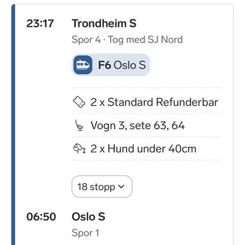 Togbillett selges: 22/7 Nattoget Trondheim - Oslo