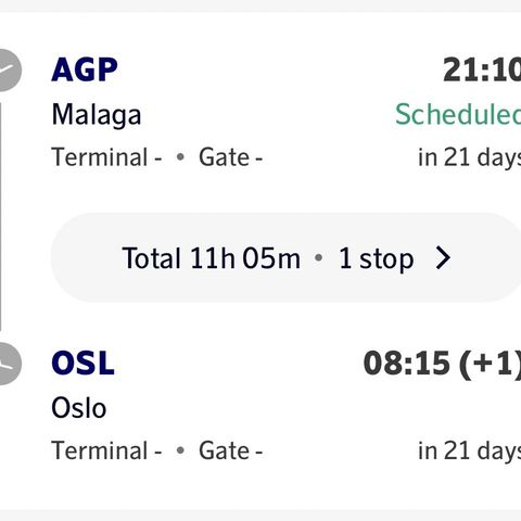 Flybillett fra Malaga, Spania til Oslo 12. august 24