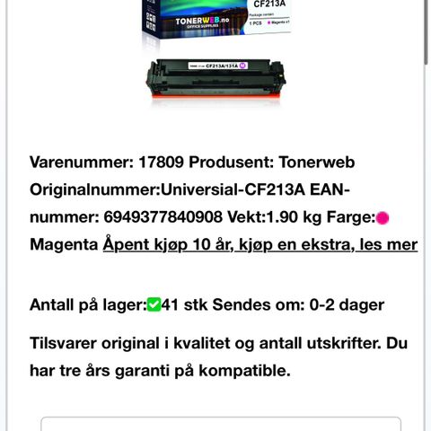 Toner HP erstatter Magenta laserjet