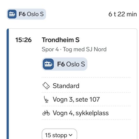 Togbillett Trondheim - Lillestrøm mandag 30/7 kl. 15.26.