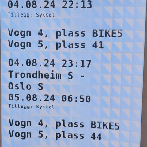 Togbillett Mo i Rana- Trondheim- Oslo, 4.08, 15:43