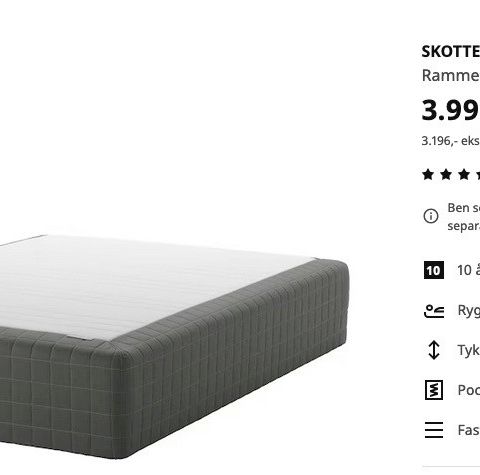 Ikea Skotterud rammemadrass 140 seng og overmadrass