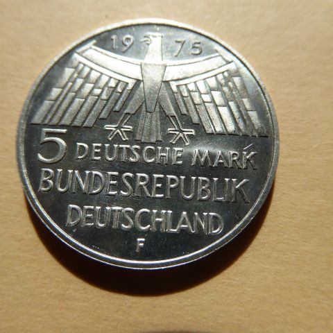 5 Deutche mark i sølv fra 1975 diam. 28 mm