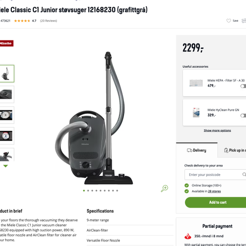 Støvsuger Miele Classic C1 / Vaccum cleaner from Miele with 2 extra bags