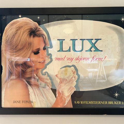 Unik reklameplakat med Jane Fonda, Lux såpe. Innrammet