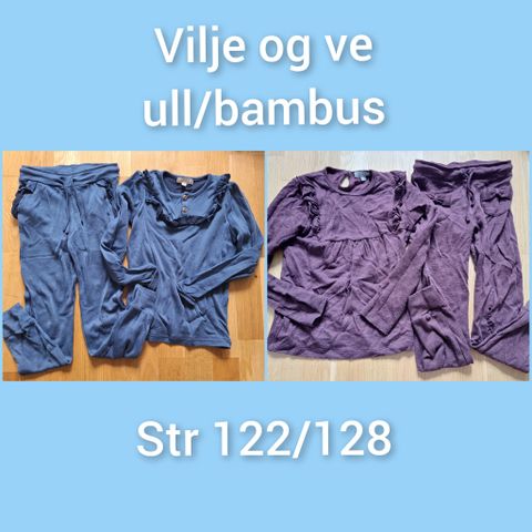 2 sett Vilje og ve ull/bambus genser og bukse str 122/128