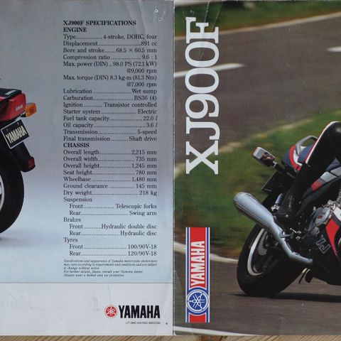 Yamaha XJ900F engelsk brosjyre fra 1985
