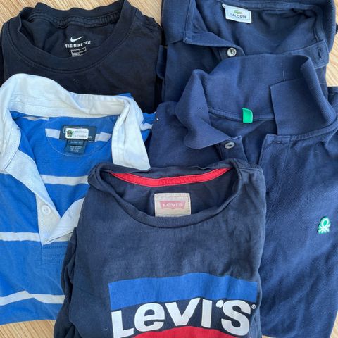 3 pique og to t-skjorter. Lacoste,beneton, Levis, Polo og Nik