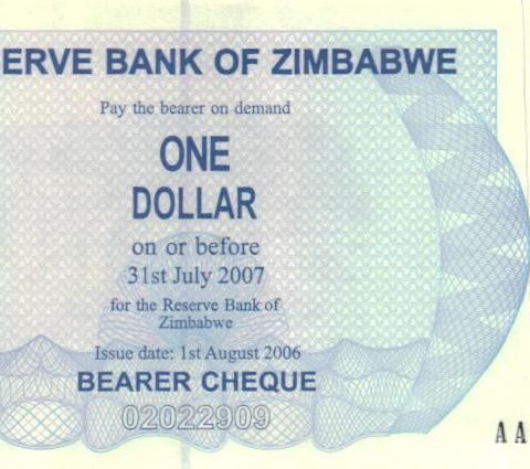 En strøken 1 Dollar seddel fra Zimbabwe i UNC - 1031