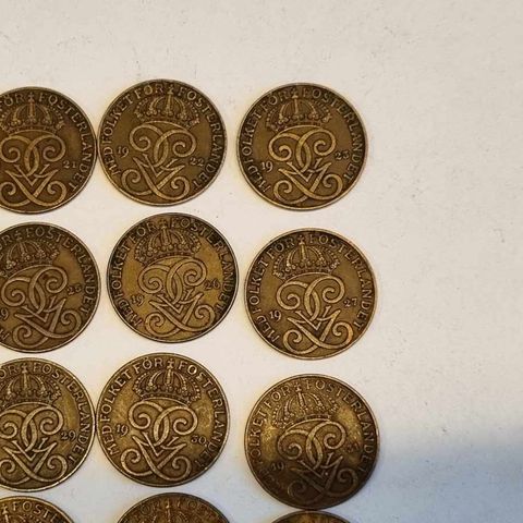 2 öre 1920-1950 bronse Sverige komplett, 24 mynter
