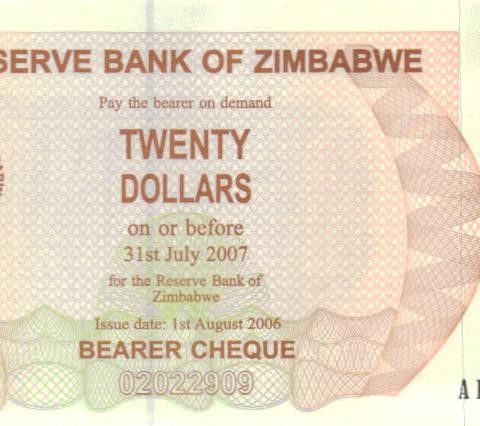En strøken 20 Dollars seddel fra Zimbabwe i UNC - 1047