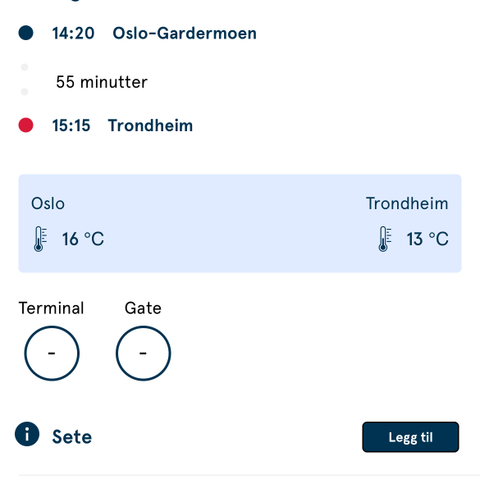 Fly Oslo Gardermoen - Trondheim Værnes 11. august