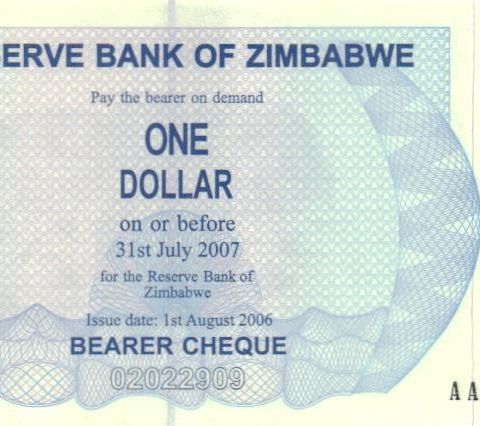 En strøken 1 Dollar seddel fra Zimbabwe i UNC - 1030