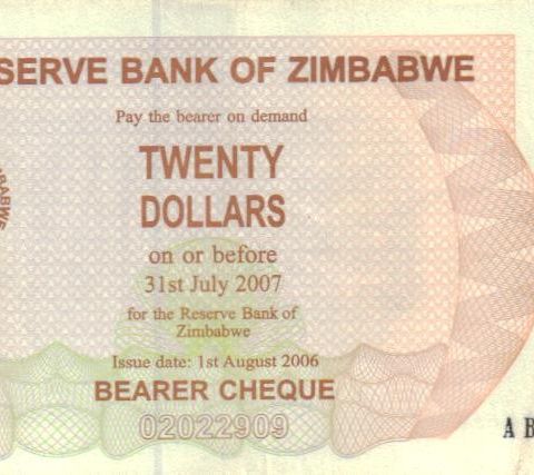 En pen brukt 20 Dollars seddel fra Zimbabwe - 1048